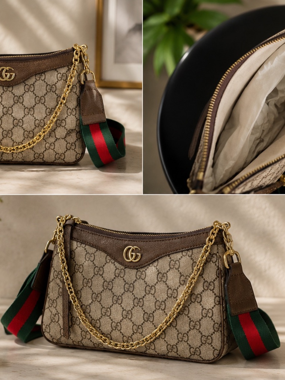 Gucci Beige GG Supreme Shoulder Bag with Brown Trim and Green-Red Web Strap